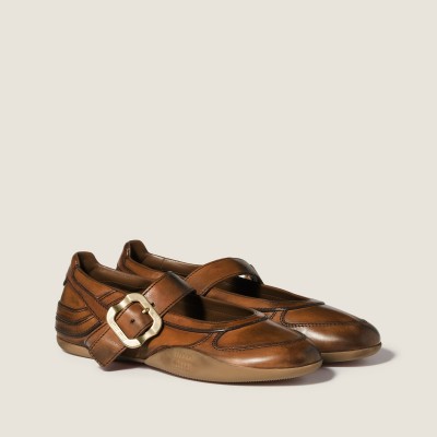 Miu Miu Gymnasium Leather Ballerinas With Strap And Buckle Cognac Miu Miu Gymnasium Leather Ballerinas With Strap And Buckle Cognac