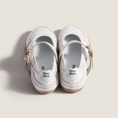Miu Miu Gymnasium Leather Ballerinas With Strap And Buckle White