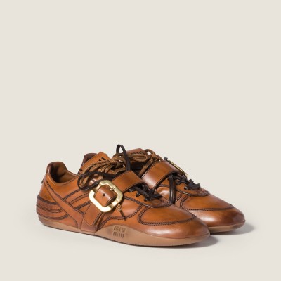 Miu Miu Gymnasium Leather Sneakers With Buckle Cognac Miu Miu Gymnasium Leather Sneakers With Buckle Cognac