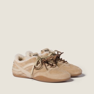 Miu Miu Gymnasium Suede And Shearling Sneakers Desert Beige Miu Miu Gymnasium Suede And Shearling Sneakers Desert Beige