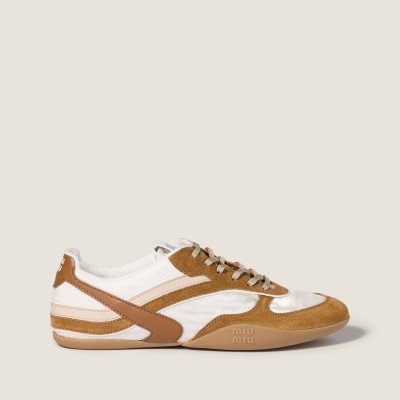 Miu Miu Gymnasium Technical Fabric And Suede Sneakers Chalk White Cinnamon
