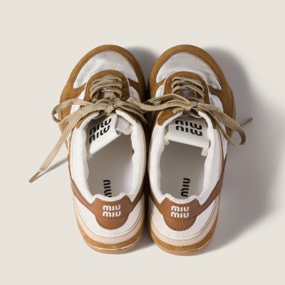 Miu Miu Gymnasium Technical Fabric And Suede Sneakers Chalk White Cinnamon
