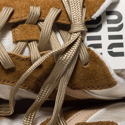Miu Miu Gymnasium Technical Fabric And Suede Sneakers Chalk White Cinnamon