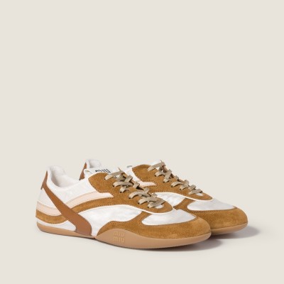 Miu Miu Gymnasium Technical Fabric And Suede Sneakers Chalk White Cinnamon Miu Miu Gymnasium Technical Fabric And Suede Sneakers Chalk White Cinnamon