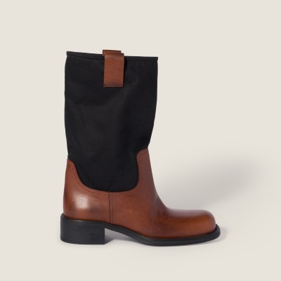 Miu Miu Leather And Drill Mid-Calf Boots Oak Brown Black Miu Miu Leather And Drill Mid-Calf Boots Oak Brown Black