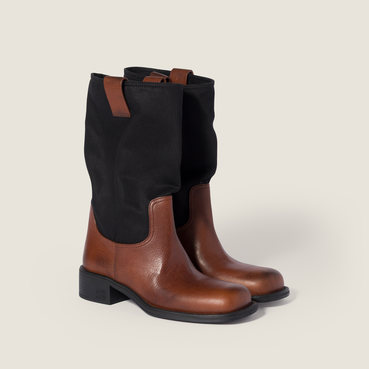Miu Miu Leather And Drill Mid-Calf Boots Oak Brown Black Miu Miu Leather And Drill Mid-Calf Boots Oak Brown Black