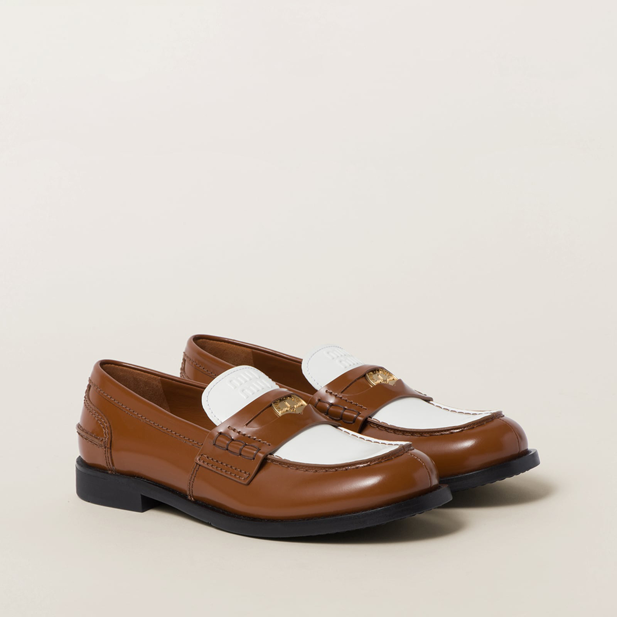 Miu Miu Leather Penny Loafers Cognac White Miu Miu Leather Penny Loafers Cognac White