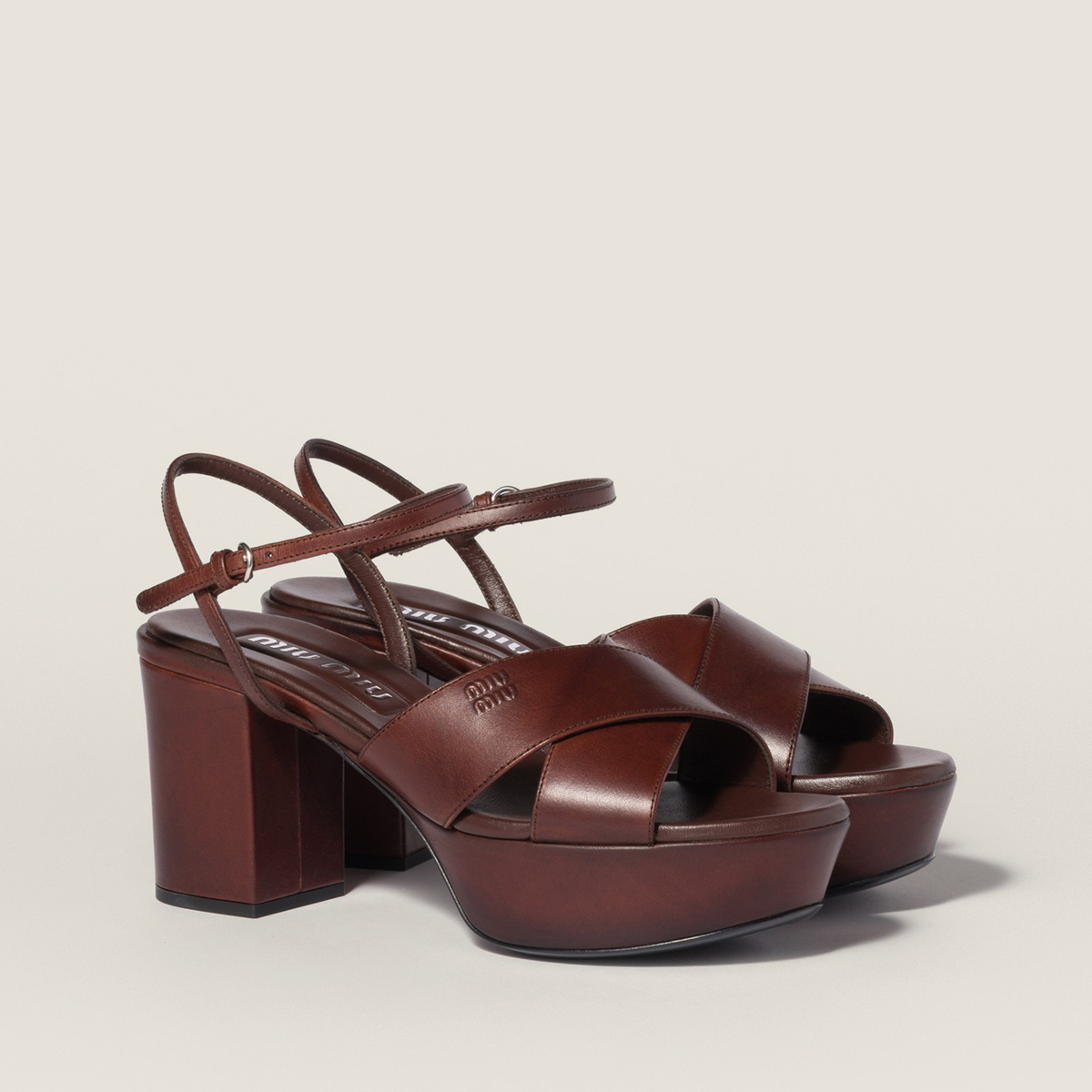 Miu Miu Leather Platform Sandals Coffee Miu Miu Leather Platform Sandals Coffee