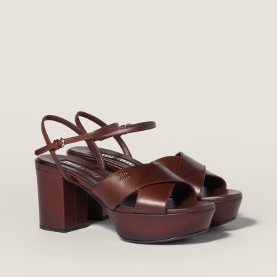 Miu Miu Leather Platform Sandals Coffee Miu Miu Leather Platform Sandals Coffee