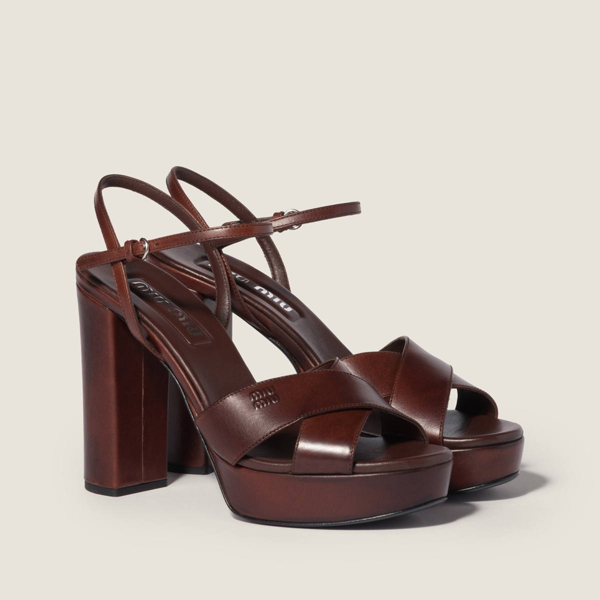 Miu Miu Leather Platform Sandals Coffee Miu Miu Leather Platform Sandals Coffee