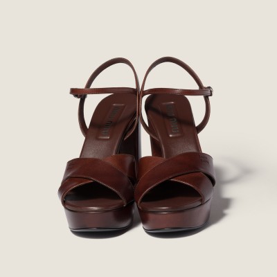 Miu Miu Leather Platform Sandals Coffee Miu Miu Leather Platform Sandals Coffee