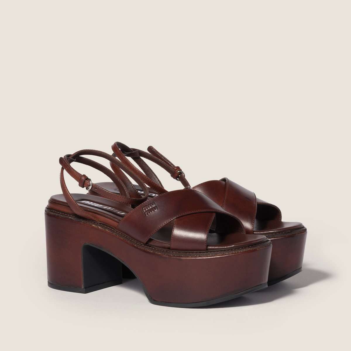 Miu Miu Leather Platform Sandals Coffee Miu Miu Leather Platform Sandals Coffee