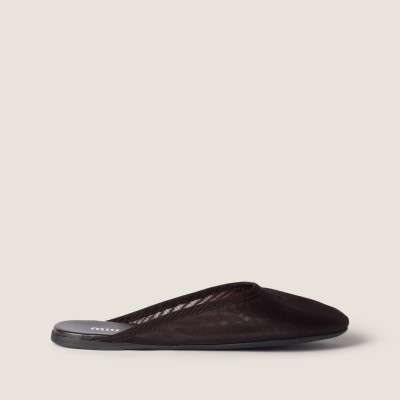 Miu Miu Mesh Fabric Slippers Dark Brown Miu Miu Mesh Fabric Slippers Dark Brown