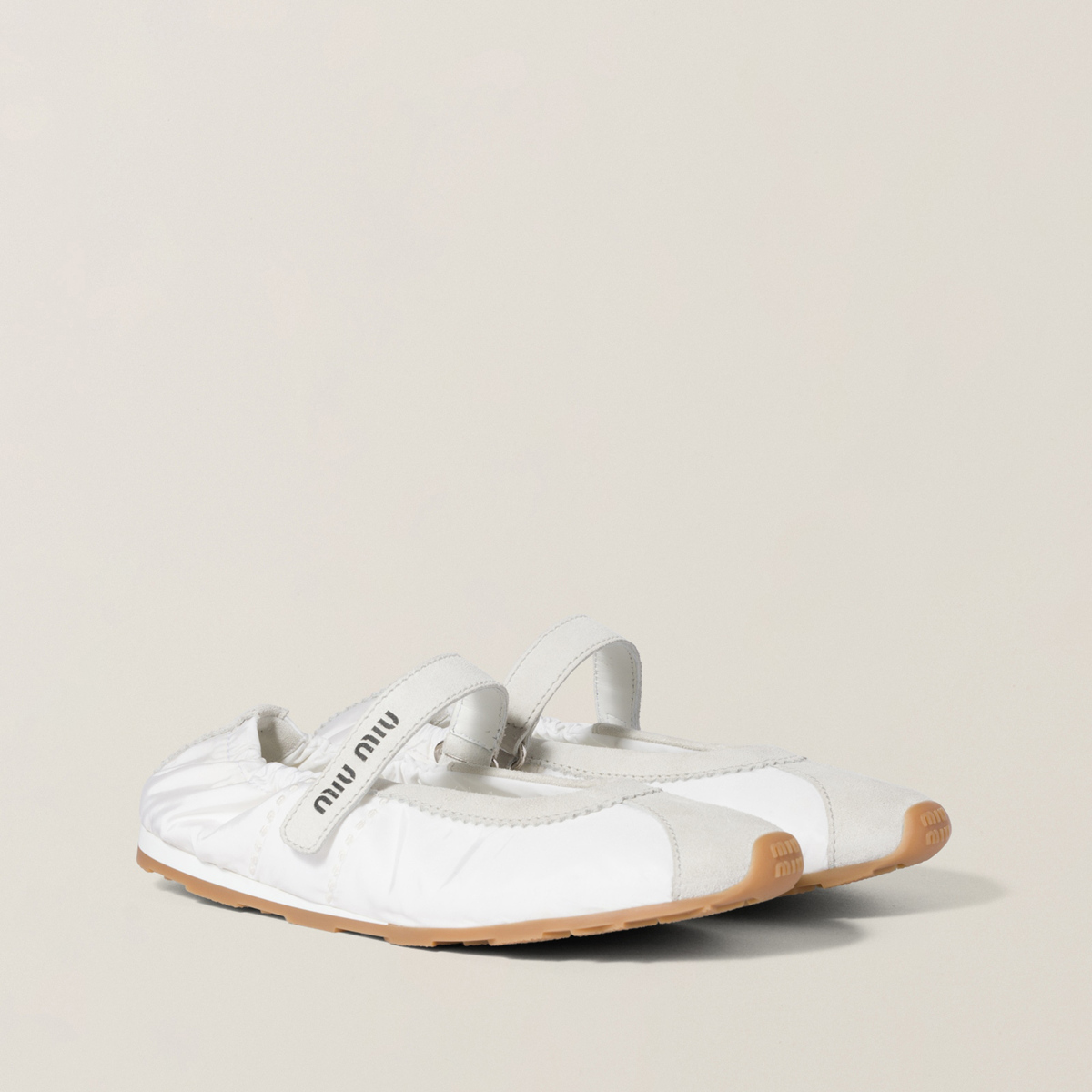 Miu Miu Plume Technical Fabric And Suede Ballerinas White Miu Miu Plume Technical Fabric And Suede Ballerinas White