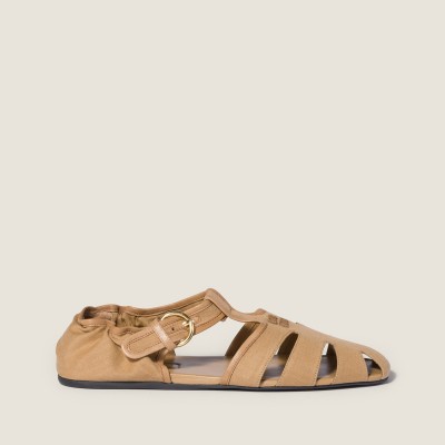 Miu Miu Ruches Cotton And Nappa Leather Fisherman Sandals Malt Beige Miu Miu Ruches Cotton And Nappa Leather Fisherman Sandals Malt Beige