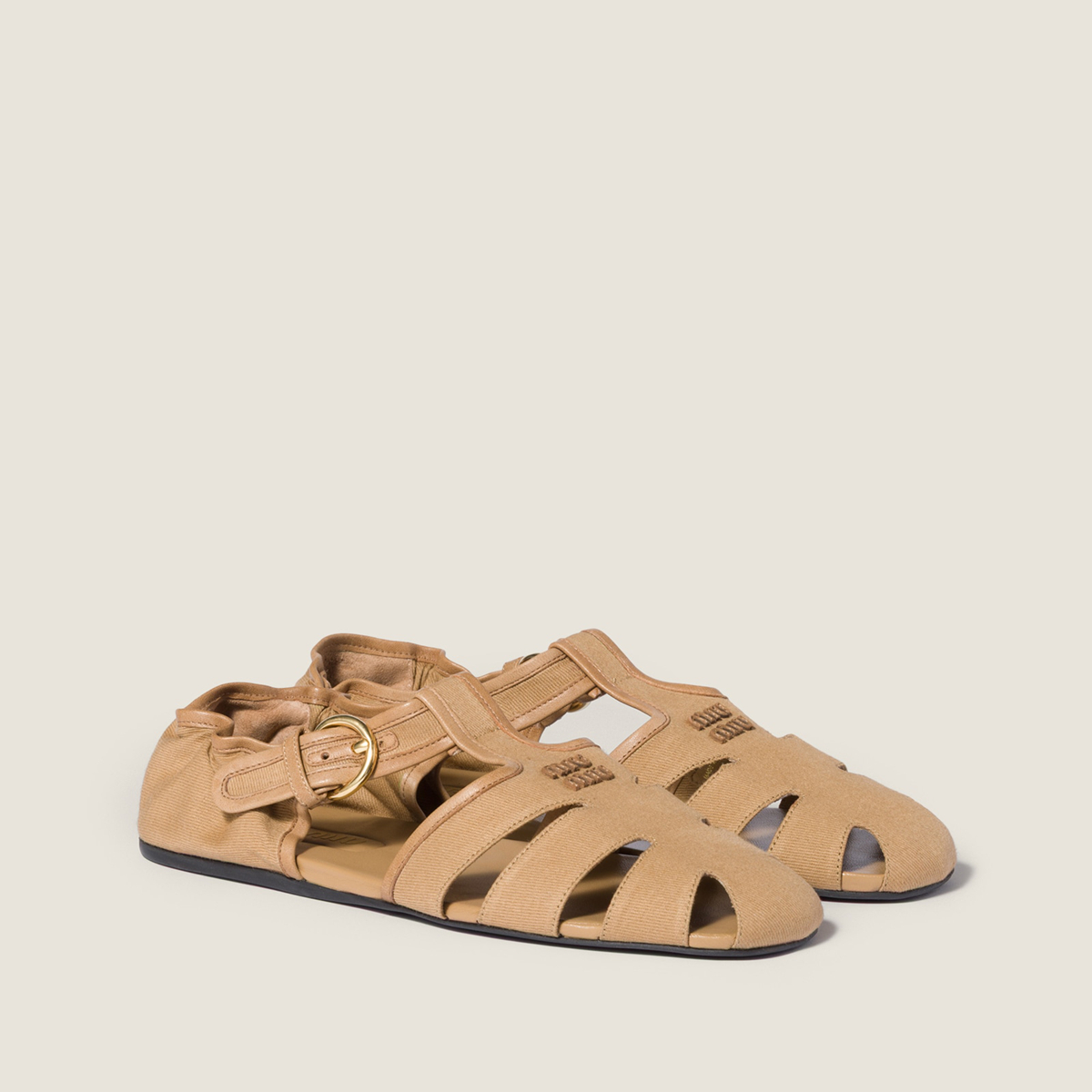 Miu Miu Ruches Cotton And Nappa Leather Fisherman Sandals Malt Beige Miu Miu Ruches Cotton And Nappa Leather Fisherman Sandals Malt Beige