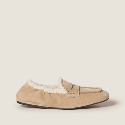 Miu Miu Ruches Suede Loafers Desert Beige Miu Miu Ruches Suede Loafers Desert Beige