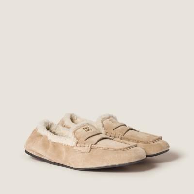 Miu Miu Ruches Suede Loafers Desert Beige Miu Miu Ruches Suede Loafers Desert Beige