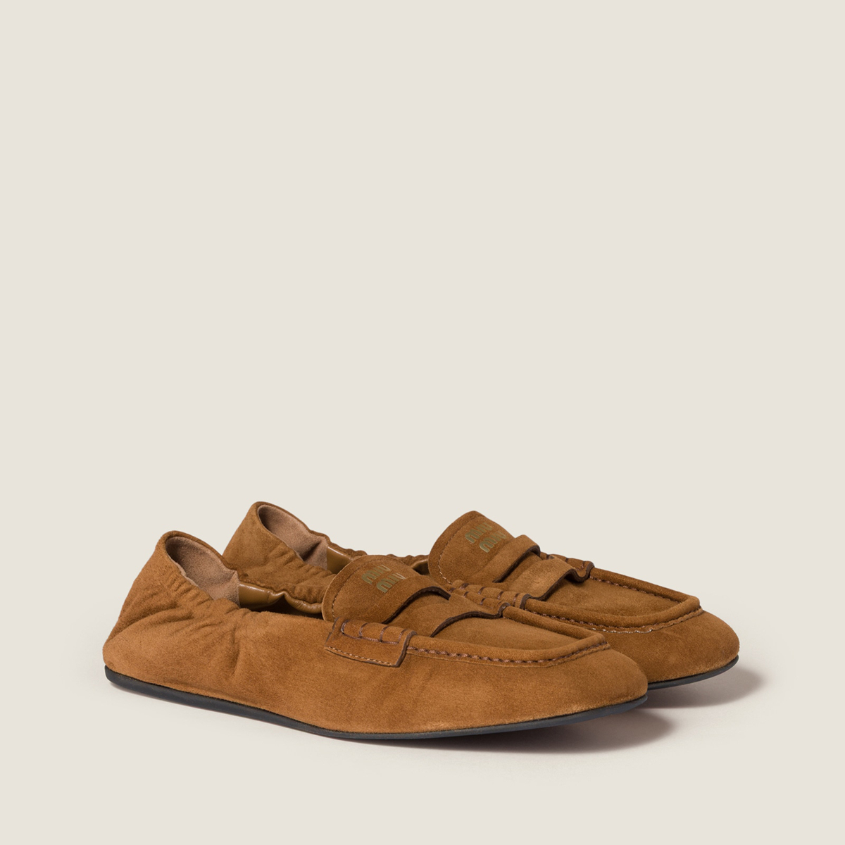 Miu Miu Ruches Suede Loafers Oak Miu Miu Ruches Suede Loafers Oak