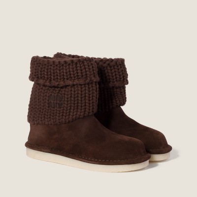 Miu Miu Suede And Knit Booties Dark Brown Miu Miu Suede And Knit Booties Dark Brown