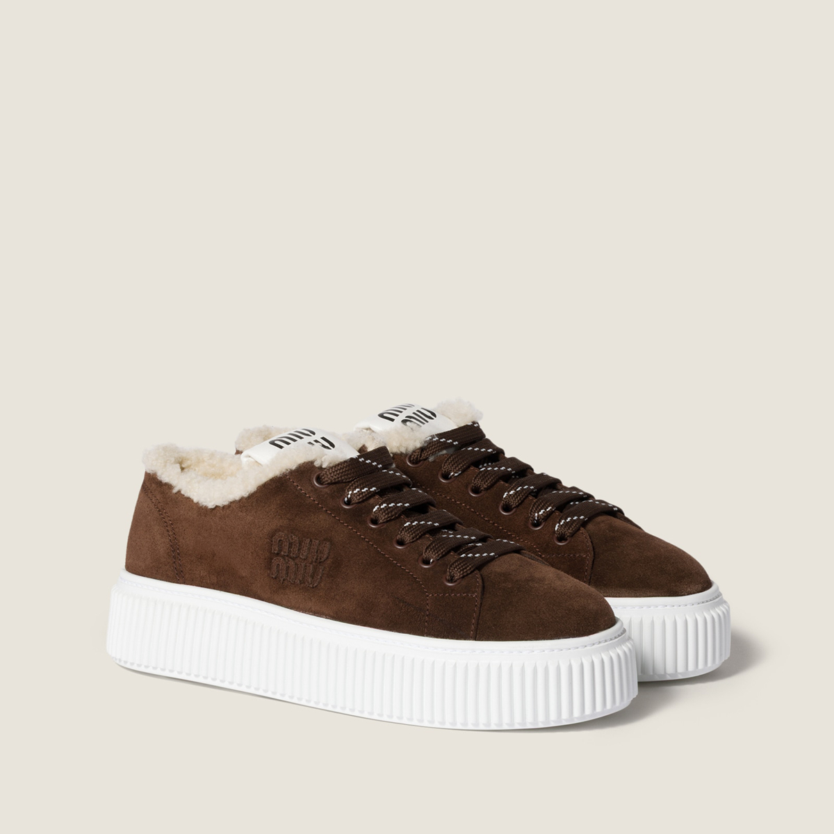 Miu Miu Suede And Shearling Sneakers Dark Brown Miu Miu Suede And Shearling Sneakers Dark Brown