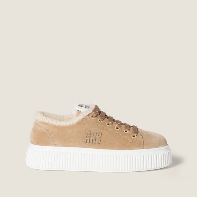 Miu Miu Suede And Shearling Sneakers Desert Beige Miu Miu Suede And Shearling Sneakers Desert Beige