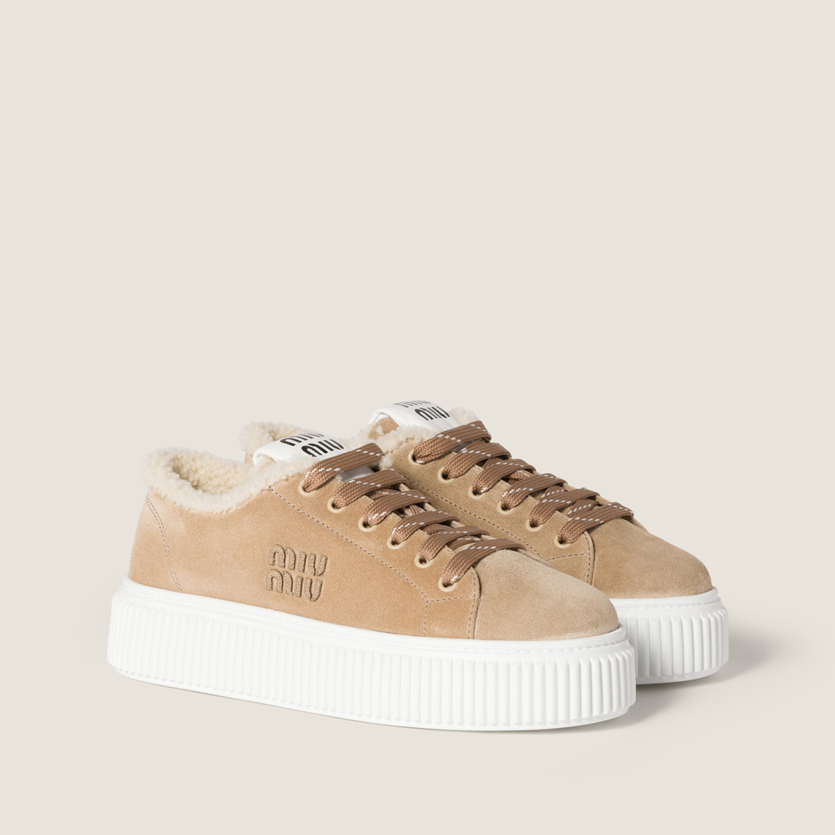 Miu Miu Suede And Shearling Sneakers Desert Beige Miu Miu Suede And Shearling Sneakers Desert Beige