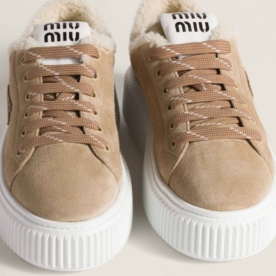 Miu Miu Suede And Shearling Sneakers Desert Beige Miu Miu Suede And Shearling Sneakers Desert Beige