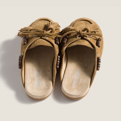 Miu Miu Suede Deck Mules Olive Green