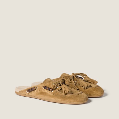 Miu Miu Suede Deck Mules Olive Green