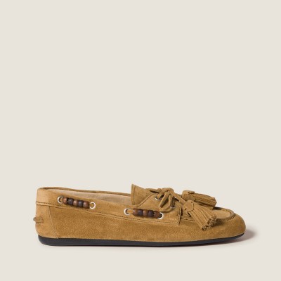 Miu Miu Suede Deck Shoes With Tassels Olive Green Miu Miu Suede Deck Shoes With Tassels Olive Green