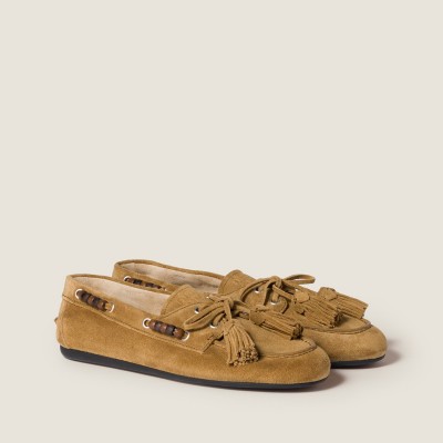 Miu Miu Suede Deck Shoes With Tassels Olive Green Miu Miu Suede Deck Shoes With Tassels Olive Green