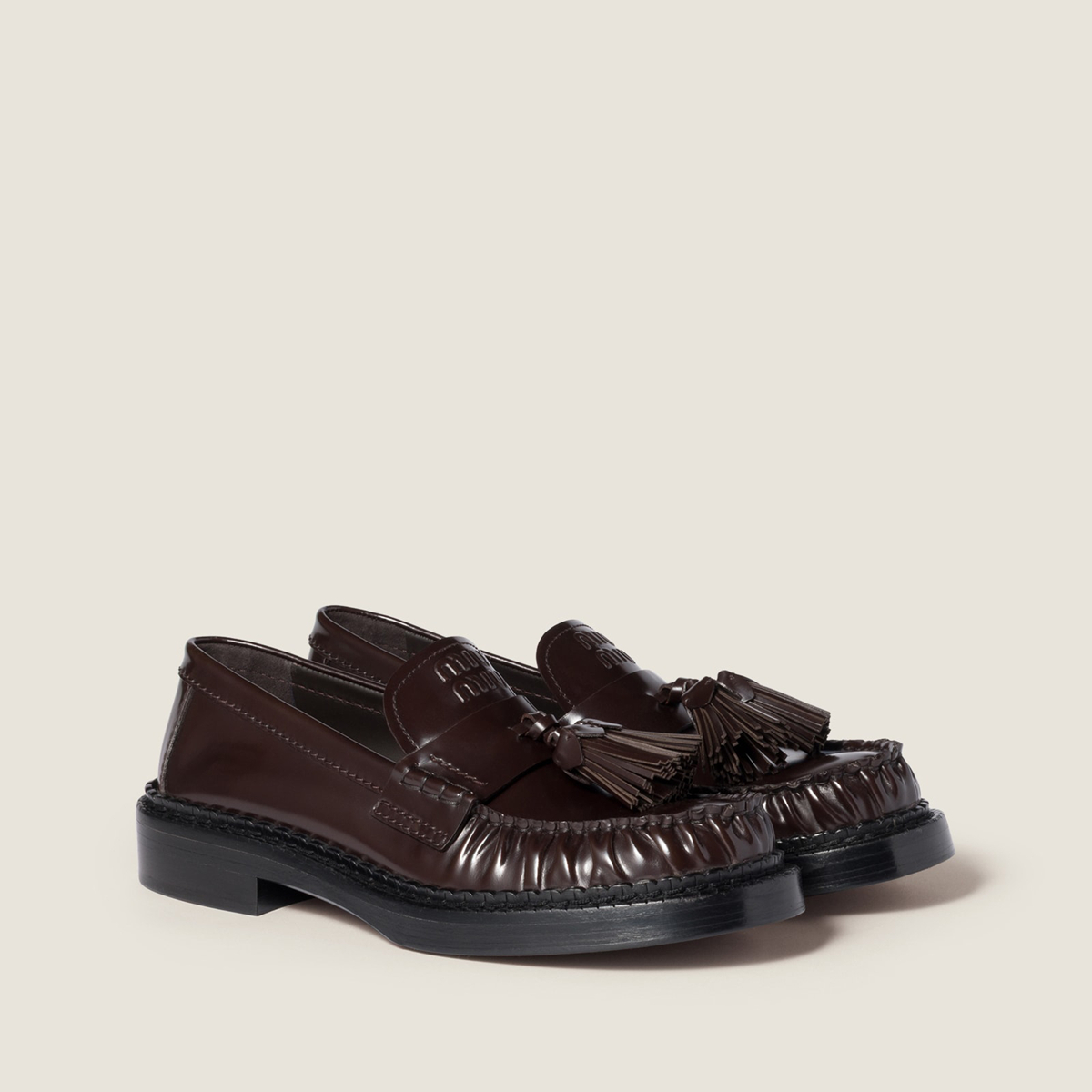 Miu Miu Tassel Loafers In Polished Leather Dark Brown Miu Miu Tassel Loafers In Polished Leather Dark Brown