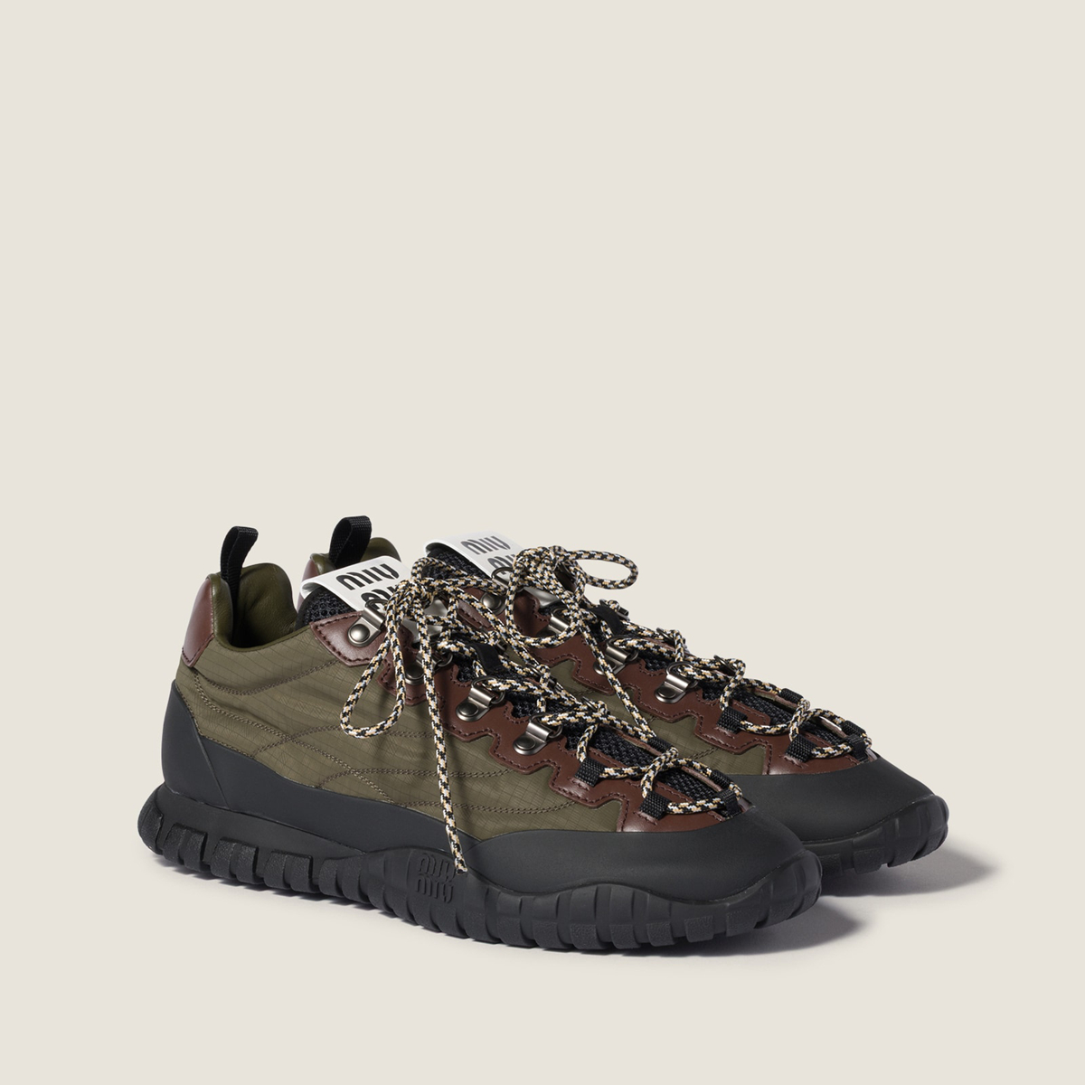 Miu Miu Tyre Technical Fabric And Leather Sneakers Forest Green Miu Miu Tyre Technical Fabric And Leather Sneakers Forest Green