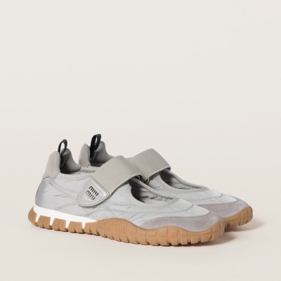 Miu Miu Tyre Technical Fabric And Suede Ballerinas Cloudy Gray Miu Miu Tyre Technical Fabric And Suede Ballerinas Cloudy Gray
