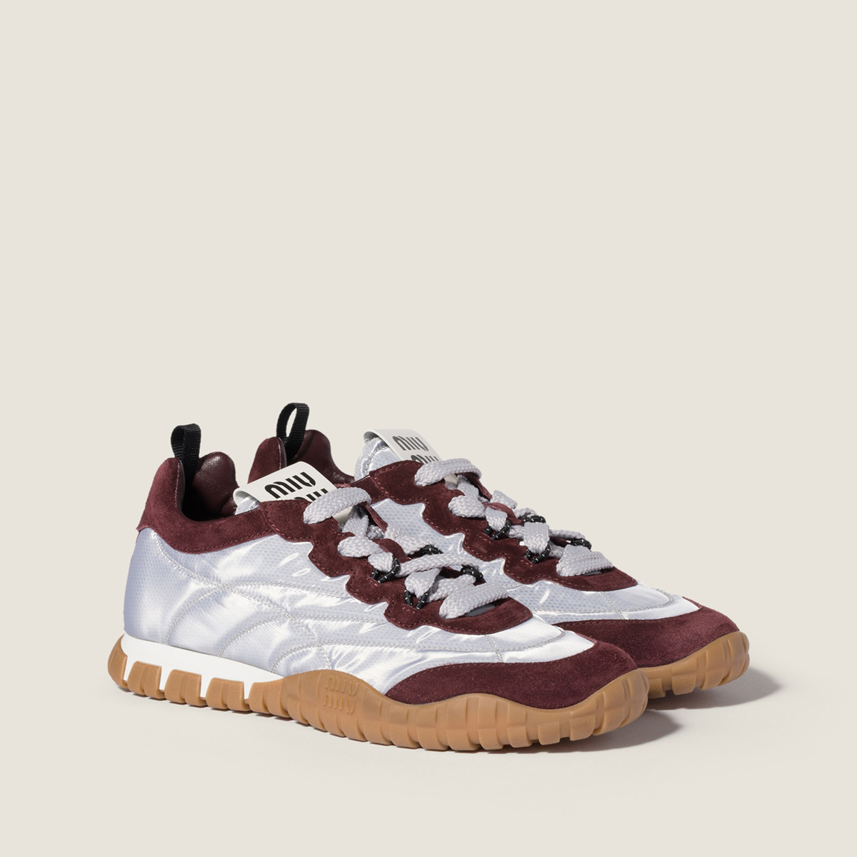 Miu Miu Tyre Technical Fabric And Suede Sneakers Aluminum Bordeaux Miu Miu Tyre Technical Fabric And Suede Sneakers Aluminum Bordeaux