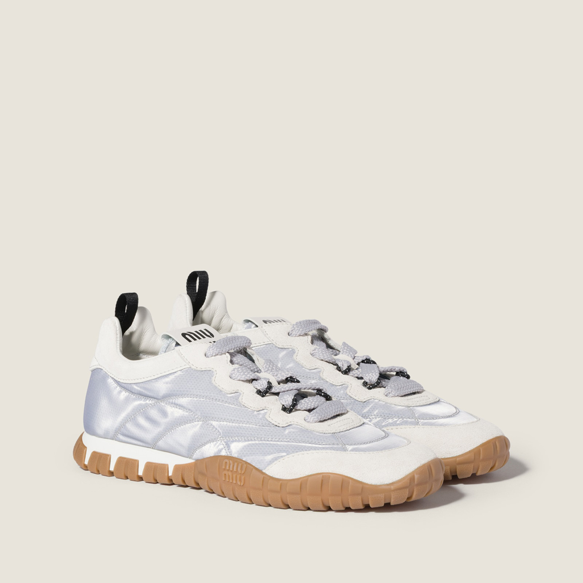 Miu Miu Tyre Technical Fabric And Suede Sneakers Aluminum White Miu Miu Tyre Technical Fabric And Suede Sneakers Aluminum White