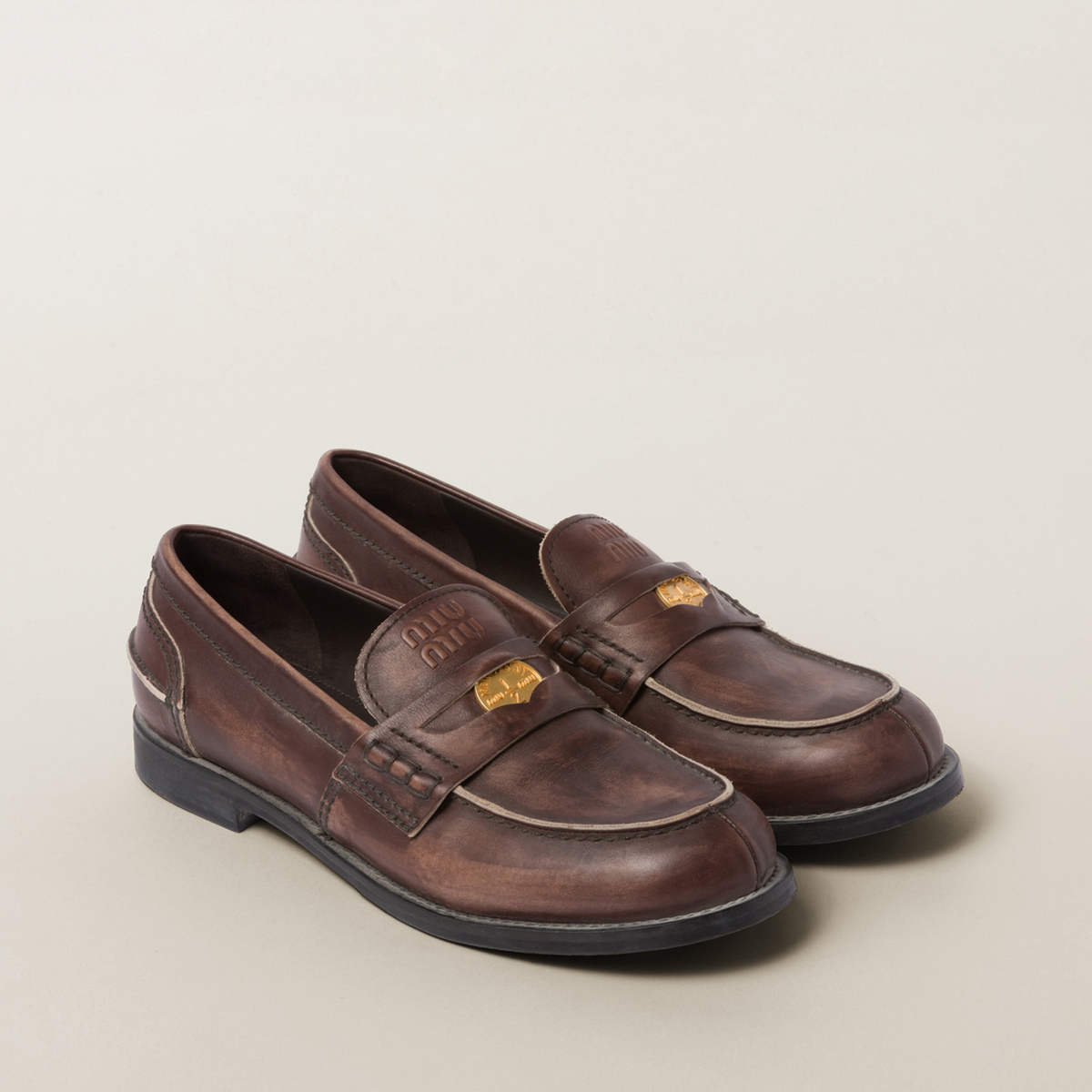 Miu Miu Vintage-Effect Leather Penny Loafers Ebony Miu Miu Vintage-Effect Leather Penny Loafers Ebony