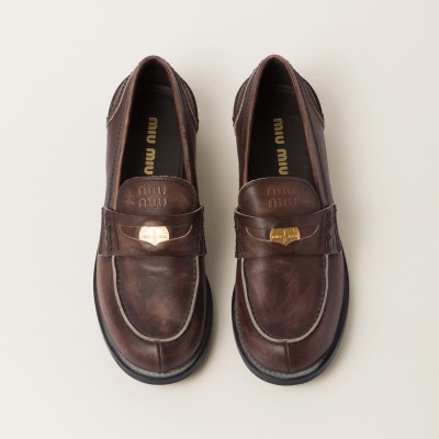 Miu Miu Vintage-Effect Leather Penny Loafers Ebony Miu Miu Vintage-Effect Leather Penny Loafers Ebony