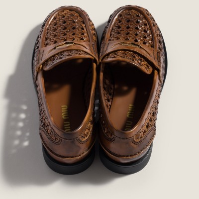 Miu Miu Woven Leather Loafers Cognac Miu Miu Woven Leather Loafers Cognac