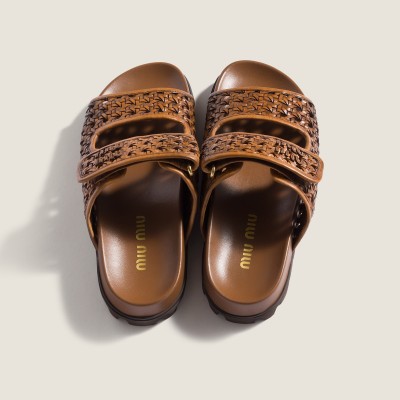 Miu Miu Woven Leather Sandals Cognac Miu Miu Woven Leather Sandals Cognac