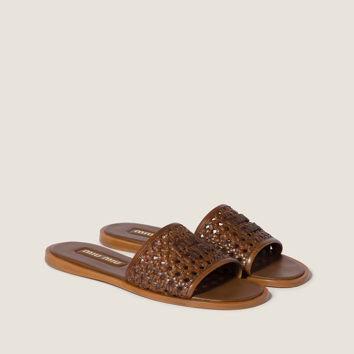 Miu Miu Woven Leather Slides Cognac Miu Miu Woven Leather Slides Cognac