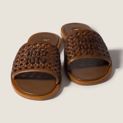 Miu Miu Woven Leather Slides Cognac Miu Miu Woven Leather Slides Cognac
