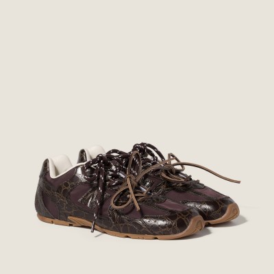 New Balance X Miu Miu 530 Sl Crocodile Embossed Calfskin And Technical Fabric Sneakers Dark Brown